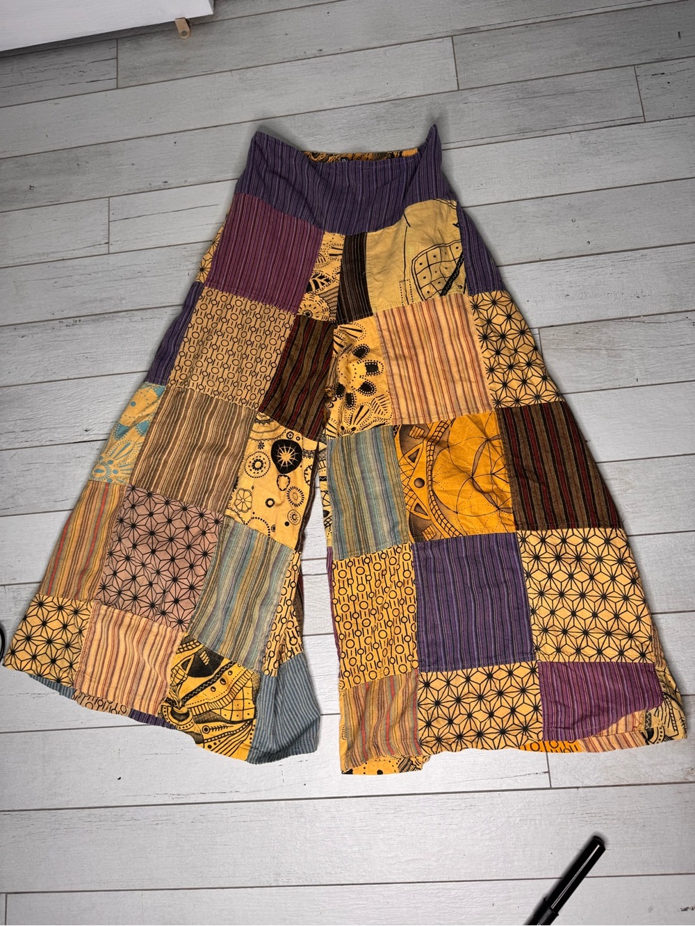 Jayli JUBILEE PANTS Womens Cotton Striped Patchwork Flat Front Wide Leg Boho S/M